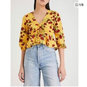 Topshop Coquette Yellow Floral Blouse Tie Front Bell Sleeve Romantic Y2K Size 2